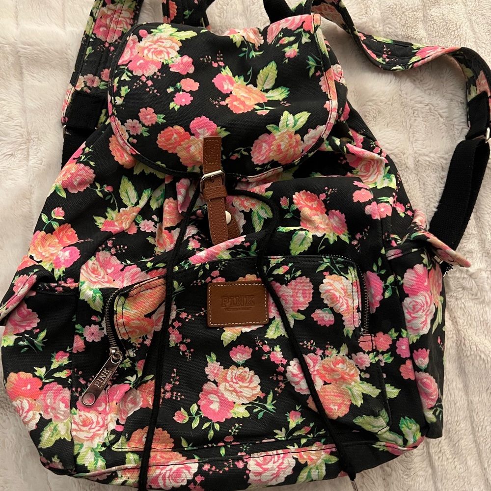 PINK Victoria's Secret Black and Pink Backpack with Floral Design